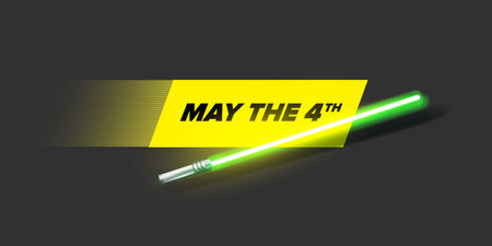 May the 4th vector illustration with glowing light saber on dark space background without stars. May the 4 banner design template with laser swordのイラスト素材