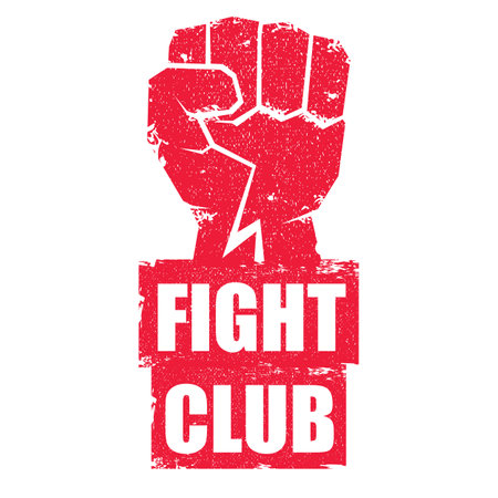 fight club vector red logo or label with grunge red man fist isolated on transparent white background. MMA Mixed martial arts concept design template. Fighting club label for print on teeのイラスト素材