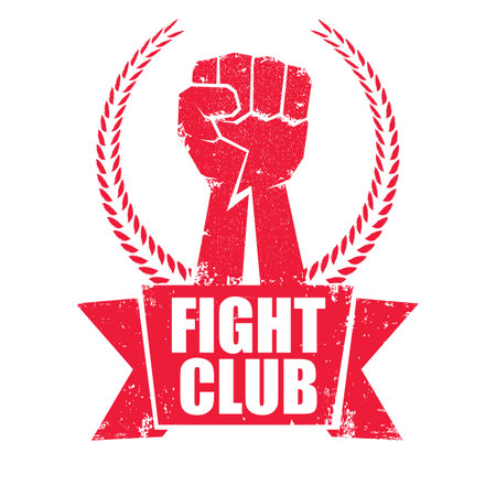 fight club vector red logo or label with grunge red man fist isolated on transparent white background. MMA Mixed martial arts concept design template. Fighting club label for print on teeのイラスト素材