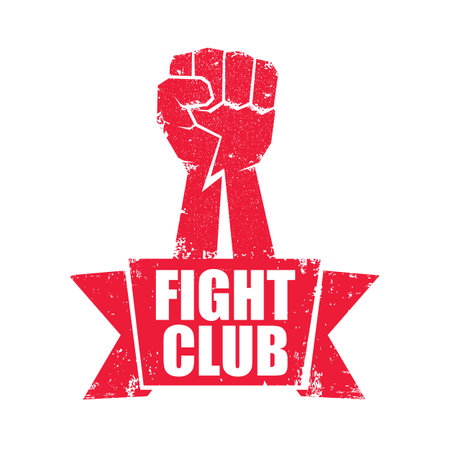 fight club vector red logo or label with grunge red man fist isolated on transparent white background. MMA Mixed martial arts concept design template. Fighting club label for print on teeのイラスト素材