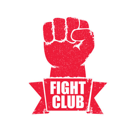 fight club vector red logo or label with grunge red man fist isolated on transparent white background. MMA Mixed martial arts concept design template. Fighting club label for print on teeのイラスト素材