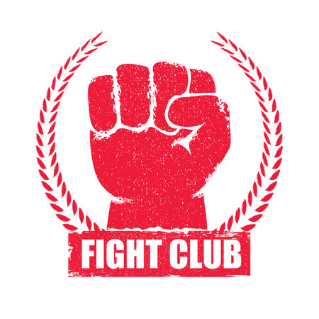 fight club vector red logo or label with grunge red man fist isolated on transparent white background. MMA Mixed martial arts concept design template. Fighting club label for print on teeのイラスト素材