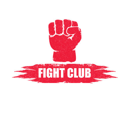 fight club vector red logo or label with grunge red man fist isolated on transparent white background. MMA Mixed martial arts concept design template. Fighting club label for print on teeのイラスト素材