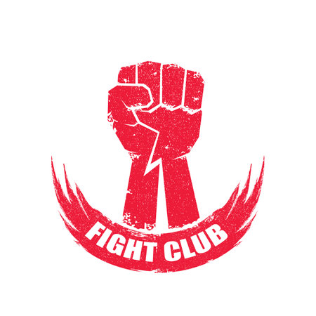 fight club vector red logo or label with grunge red man fist isolated on transparent white background. MMA Mixed martial arts concept design template. Fighting club label for print on teeのイラスト素材