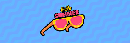 Super Hello summer vector banner with text and retro yellow sunglasses isolated on blue water background. Hello summer poster design template with cartoon sunglasses, beach, water pool , summer vibeのイラスト素材