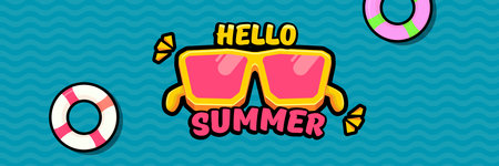Super Hello summer vector banner with text and retro yellow sunglasses isolated on blue water...