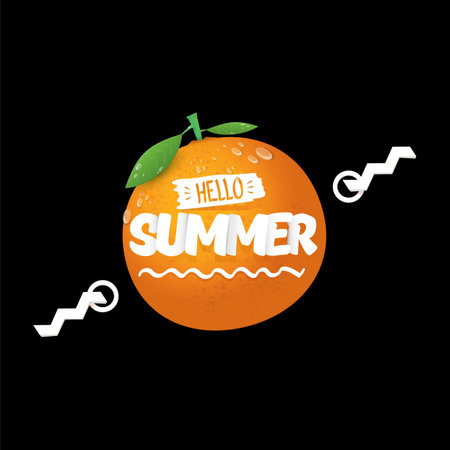 Vector Hello Summer poster and flyer Design template with fresh orange fruit isolated on black background. Hello summer concept label, text, sticker , cover poster with orange and graphic textのイラスト素材
