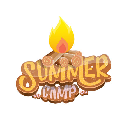 vector summer camp cartoon logo with campfire isolated on white background. Summer camp vintage funky flyer, funny label and poster design template with fireplace and summer camp textのイラスト素材