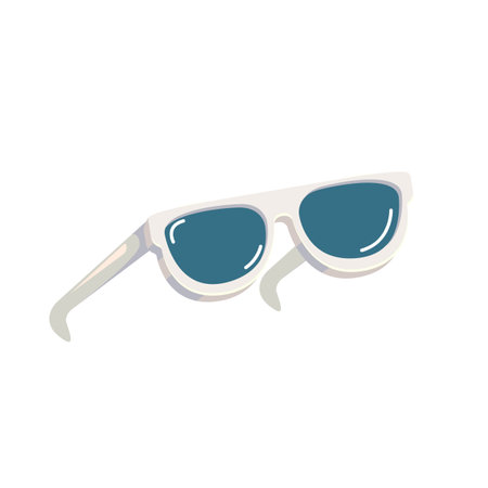 Groovy white retro sunglasses with blue lens isolated on white background. Cartoon funny kids white summer sunglasses icon, label and sign. Cool hipster Sunglasses vector graphic illustrationのイラスト素材