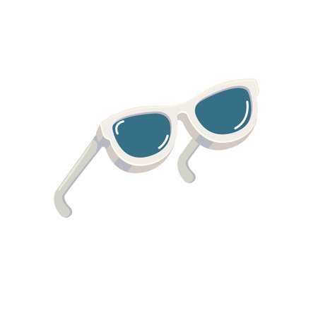 Groovy white retro sunglasses with blue lens isolated on white background. Cartoon funny kids white summer sunglasses icon, label and sign. Cool hipster Sunglasses vector graphic illustrationのイラスト素材