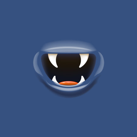 Vector Cartoon vampire mouth with fangs isolated on navy blue background. Funny and cute deep blue Halloween Monster mouth with teeth and tongue. 3d vector Monster mouseのイラスト素材