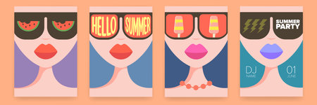 Woman with retro sunglasses with watermelon and ice cream reflection. Summer time and vacations background patterns and posters set. Perfect summer background for posters, cover art, flyer, banner.のイラスト素材