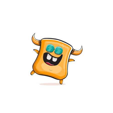 Vector cartoon funny summer orange monster with sunglasses isolated on transparent background. Smiling silly orange monster print sticker design template. Gremlin, goblin, devil and monsterのイラスト素材