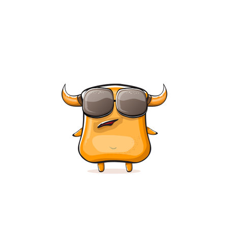 Vector cartoon funny summer orange monster with sunglasses isolated on transparent background. Smiling silly orange monster print sticker design template. Gremlin, goblin, devil and monsterのイラスト素材