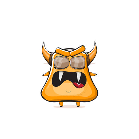 Vector cartoon funny summer orange monster with sunglasses isolated on transparent background. Smiling silly orange monster print sticker design template. Gremlin, goblin, devil and monsterのイラスト素材