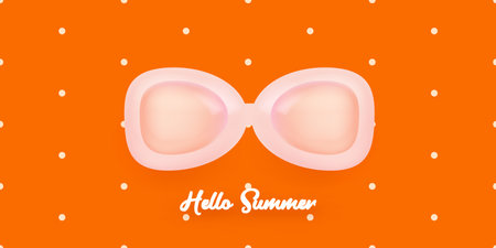 hello summer abstract concept horizontal banner with sunglasses on red background.Vector 3d clay style horizontal hello summer scene. Hello summer poster and cover design templateのイラスト素材
