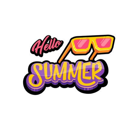 Groovy Hello summer vector logo with text and vintage retro yellow sunglasses isolated on background. Groovy Hello summer label, icon, print, banner design template with funny cartoon sunglassesのイラスト素材