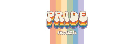 Pride month Groovy banner with rainbow and slogan. Retro vintage Pride month, LGBT and LGBTQ. Calligraphy quote. Trendy groovy print design for posters, cards, tee and covers in retro style 60s 70sのイラスト素材