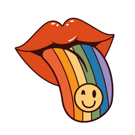 Cartoon PRIDE groovy hippie mouth, rainbow tongue. Cartoon retro groovy hippie mouth with rainbow tongue in 60s 70s art, vector sticker. Groovy hippie symbol of mouth lips with tongue out and smileのイラスト素材