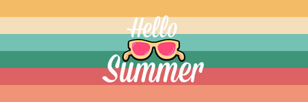 Super Hello summer vector banner with text and retro yellow sunglasses isolated on stripped...