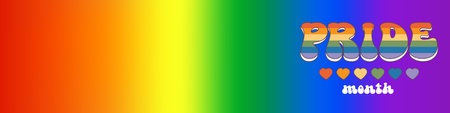 Pride month horizontal banner with gradient with pride colors flag and groovy text PRID. LGBTQ Pride month retro or pride day poster, flyer, banner, logo modern style design template.のイラスト素材