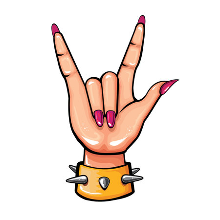Female Hand in Rock Gesture vector illustration. Heavy Metal and rock n roll Sign. Female Hand with beautiful pink manicure and leather orange bracelet. Beauty and Nail Salon concept design templateのイラスト素材