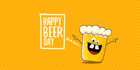 International beer day horizontal banner or summer poster with vector funky beer character isolated on yellow beer background. Vector Cartoon funny International beer day label and posterのイラスト素材