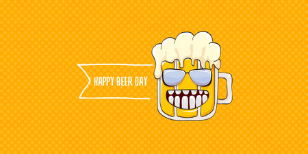 International beer day horizontal banner or summer poster with vector funky beer character isolated on yellow beer background. Vector Cartoon funny International beer day label and posterのイラスト素材