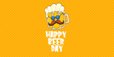 International beer day horizontal banner or summer poster with vector funky beer character isolated on yellow beer background. Vector Cartoon funny International beer day label and posterのイラスト素材
