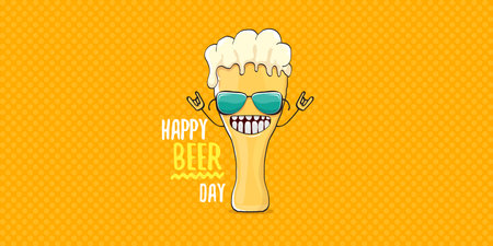 International beer day horizontal banner or summer poster with vector funky beer character isolated on yellow beer background. Vector Cartoon funny International beer day label and posterのイラスト素材