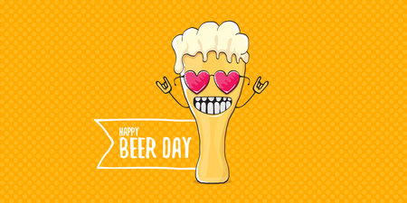 International beer day horizontal banner or summer poster with vector funky beer character isolated on yellow beer background. Vector Cartoon funny International beer day label and posterのイラスト素材