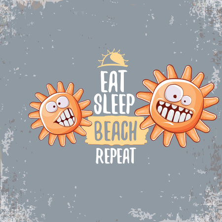 Eat sleep beach repeat vector concept illustration or hello summer poster. Vector funky sun character with summer quote cover design template. summer party fun logo, banner and icon on sky backgroundのイラスト素材