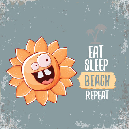 Eat sleep beach repeat vector concept illustration or hello summer poster. Vector funky sun character with summer quote cover design template. summer party fun logo, banner and icon on sky backgroundのイラスト素材