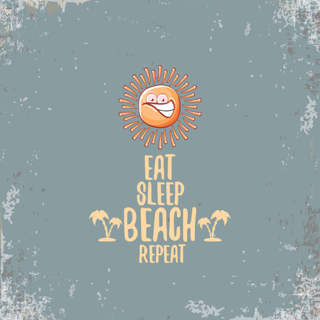 Eat sleep beach repeat vector concept illustration or hello summer poster. Vector funky sun character with summer quote cover design template. summer party fun logo, banner and icon on sky backgroundのイラスト素材