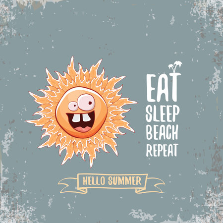 Eat sleep beach repeat vector concept illustration or hello summer poster. Vector funky sun character with summer quote cover design template. summer party fun logo, banner and icon on sky backgroundのイラスト素材