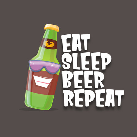 Vector Eat sleep beer repeat vector concept illustration or summer poster with cartoon funky beer bottle character with sunglasses isolated on grey background. Vector funny beer label or poster designのイラスト素材