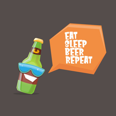 Vector Eat sleep beer repeat vector concept illustration or summer poster with cartoon funky beer bottle character with sunglasses isolated on grey background. Vector funny beer label or poster designのイラスト素材