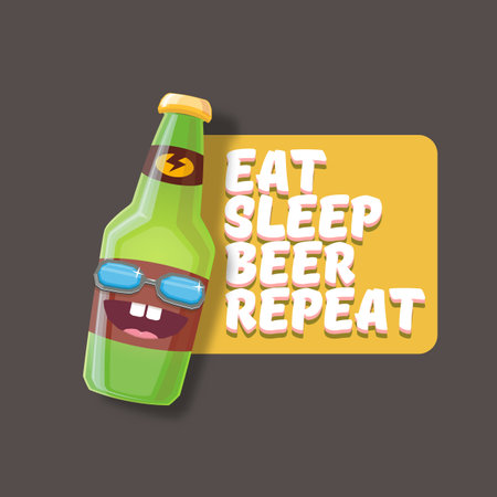 Vector Eat sleep beer repeat vector concept illustration or summer poster with cartoon funky beer bottle character with sunglasses isolated on grey background. Vector funny beer label or poster designのイラスト素材