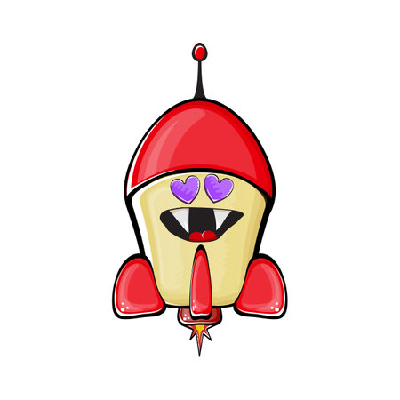 Rocket spaceship character. Cartoon space rocket isolated on transparent background. Funky spaceship and shuttle character with eyes and mouth. Vector retro space ship clip art, emoji and stickerのイラスト素材