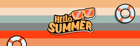 Super Hello summer vector banner with text and retro yellow sunglasses isolated on stripped...