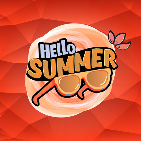 Hello Summer vector logo with text and vintage retro yellow sunglasses on red background. Hello summer illustration label, icon, print, banner template with funny cartoon sunglasses, retro vibeのイラスト素材