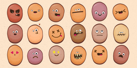 vector funny cartoon smiling potato character set isolated on background. Funky retro Potato collection face with different expressions smiling, sad, angry, funny face. vegetable funky character setのイラスト素材