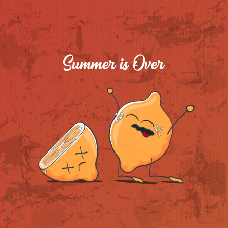 Summer is over or hello autumn concept illustration with yellow crying lemon character and his dead friend isolated on grunge cardboard paper background.のイラスト素材