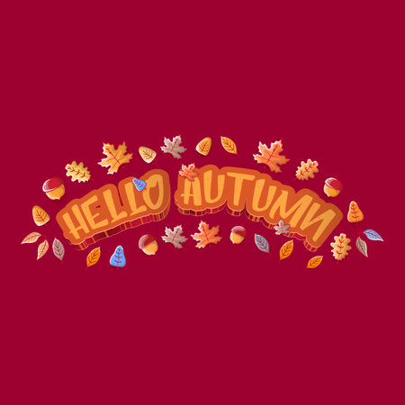 vector hello autumn banner or label with text and falling autumn leaves on red background. Cartoon hello autumn poster or bannerのイラスト素材