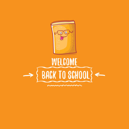 Back to school banner or poster with cartoon funky book and hand drawn doodle text label on orange backgrtound. Vector back to school background with cartoon school suppliesのイラスト素材