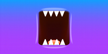 Vector Cartoon wide open monster mouth with fangs isolated on violet background. Funny and cute...