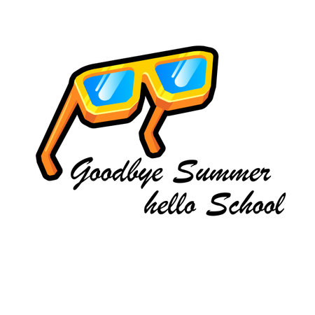 vector goodbye summer hello school concept illustration with vintage orange summer sunglasses isolated on white. End of summer back to school label, sticker , icon, logo poster design templateのイラスト素材