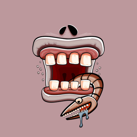 Vector cartoon funny silly zombie monster mouth with rotten teeth and worm isolated on grey background. Vector happy Halloween kids t-shirt design template with funky monster faceのイラスト素材