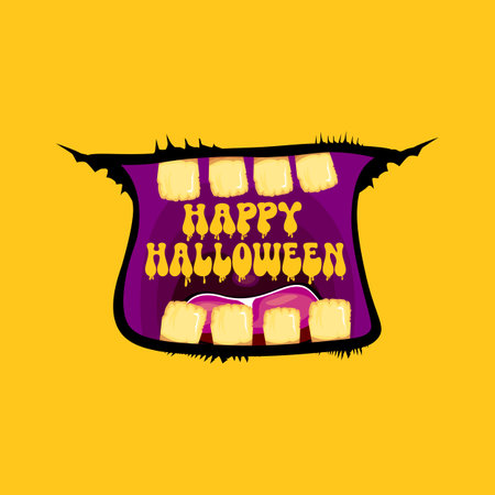 Vector Happy halloween cartoon greeting card with funny zombie monster open mouth with rotten teeth isolated on orange background. Vector Halloween poster and flyer with funny orange monster mouth.のイラスト素材