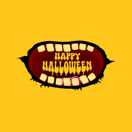Vector Happy halloween cartoon greeting card with funny zombie monster open mouth with rotten teeth isolated on orange background. Vector Halloween poster and flyer with funny orange monster mouth.のイラスト素材
